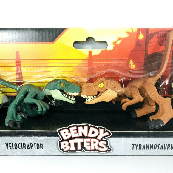 Jurassic World Bendy Biters 4 Dinosaur Figures T-Rex Raptor Stegosaurus Posable - Picture 3 of 4